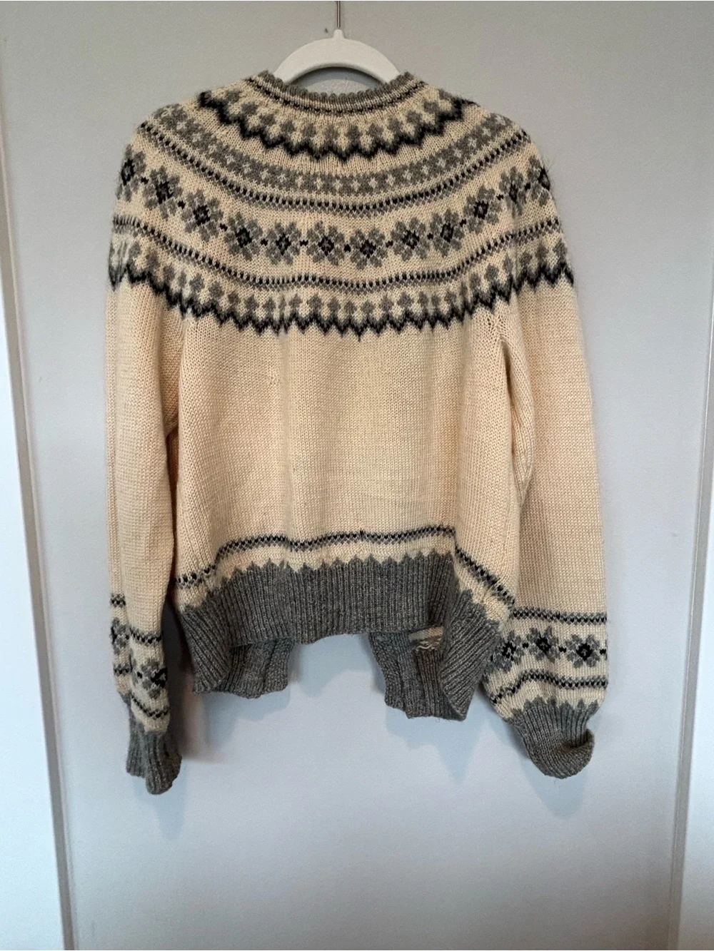 Wool Nordic-Style Cardigan Sweater - Cream & Gray